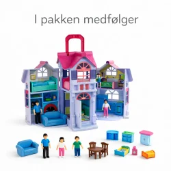 Foldbart dukkehus med m�bler �bnet med figurer og tilbeh�r