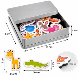 Dyremagnets�t med m�l p� metal�sken 19 � 14 � 4,5 cm samt giraffemagnet p� 9 cm og krokodillemagnet p� 10 cm.