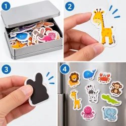 Fire trin viser metal�sken, en giraffemagnet, magnetens bagside og dyremagneter placeret p� et k�leskab.