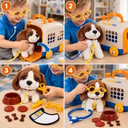 Dyrl�geleg med plys-hund, transportkasse, stetoskop, saks, briller og andet dyrl�getilbeh�r