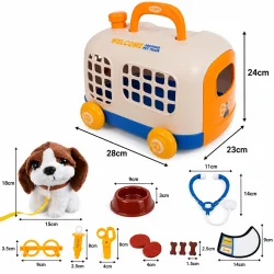 Dyrl�ges�t med m�l p� transportkasse, plys-hund, stetoskop, sk�l og �vrigt tilbeh�r