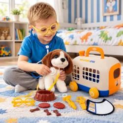 Barn leger dyrl�ge med plys-hund, stetoskop og transportkasse p� et b�rnev�relse