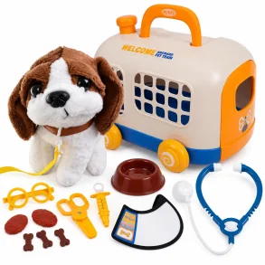Dyrl�ges�t til b�rn med plys-hund, transportkasse, stetoskop, spr�jte, sk�l og �vrigt tilbeh�r