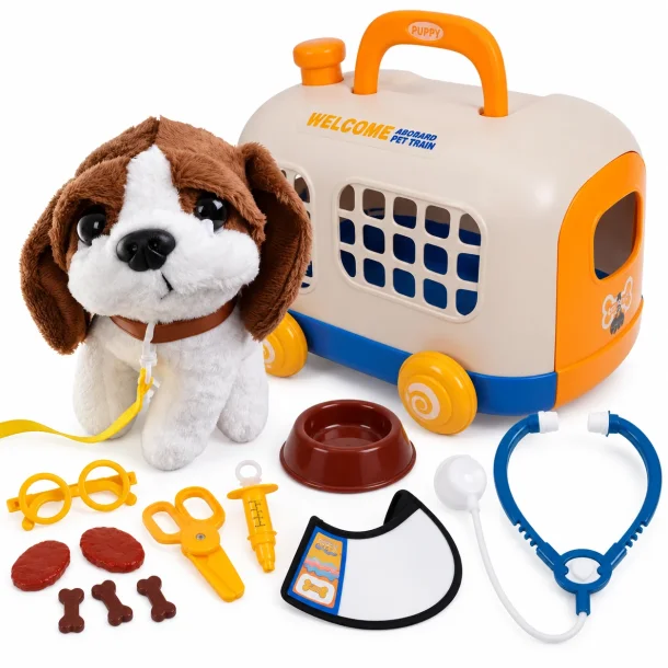 Dyrl�ges�t til b�rn med plys-hund, transportkasse, stetoskop, spr�jte, sk�l og �vrigt tilbeh�r