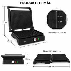 Elektrisk bordgrill med produktm�l og grillflade p� 27 x 22 cm