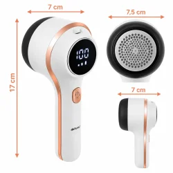 Elektrisk fnugfjerner med m�ltegninger, der viser en h�jde p� 17 cm og bredde p� 7,5 cm.
