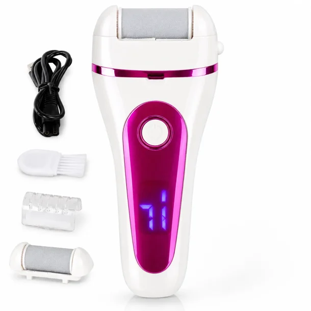 Elektrisk fodfil med LED display, USB opladning og udskiftelige slibehoveder til h�rd hud og bl�de h�le
