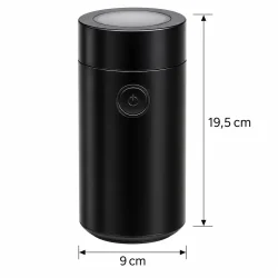 Elektrisk kaffekv�rn med m�l p� 19,5 cm i h�jden og 9 cm i diameter.