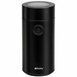 Sort elektrisk kaffekv�rn med kompakt cylindrisk design og betjeningsknap.