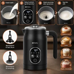 Elektrisk m�lkeskummer med visning af p�fyldning, temperaturvalg, skumning og f�rdige kaffedrikke.