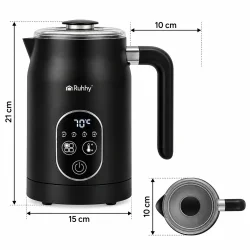 Elektrisk m�lkeskummer med angivne m�l p� 21 cm i h�jden, 15 cm i bredden og 10 cm i dybden.