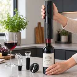 Elektrisk vin�bner anvendt p� en vinflaske i et moderne k�kken