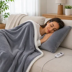 Elektrisk t�ppe i gr� fleece over kvinde p� sofa med temperaturkontrol
