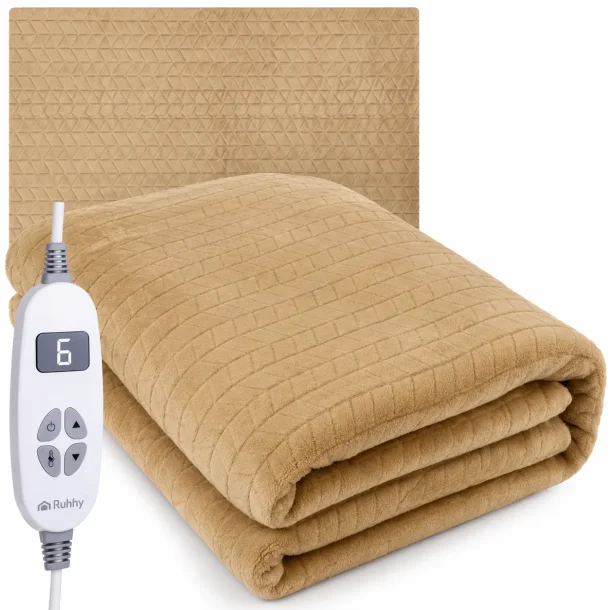 Elektrisk varmet�ppe 180 x 130 cm i beige med fjernbetjening.