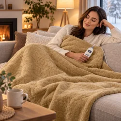 Elektrisk varmet�ppe brugt i sofaen med fjernbetjening i h�nden.