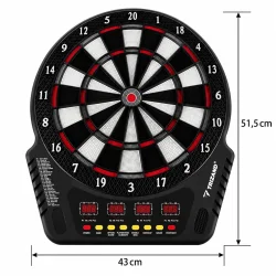 Elektronisk dartskive med angivet bredde p� 43 cm og h�jde p� 51,5 cm.