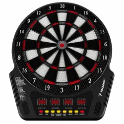 Elektronisk dartskive med digital pointt�lling, fire displays og sort, hvid og r�d spilleflade.