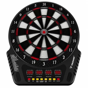 Elektronisk dartskive med digital pointt�lling, fire displays og sort, hvid og r�d spilleflade.