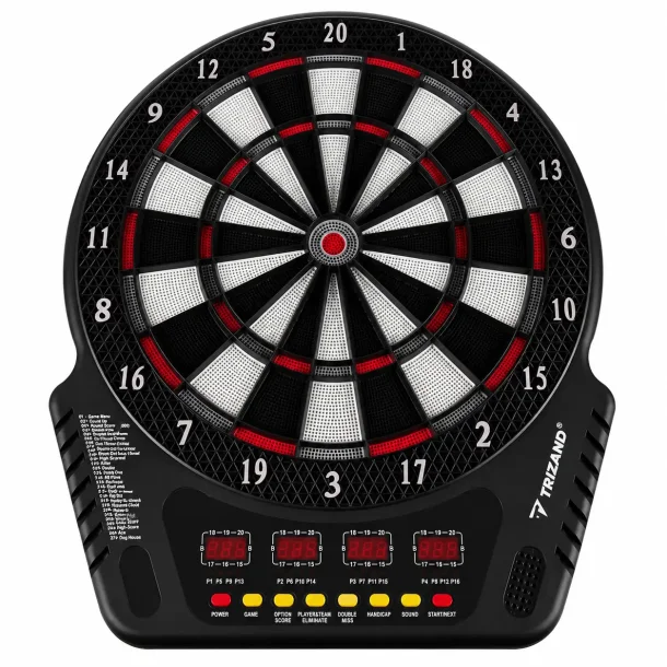 Elektronisk dartskive med digital pointt�lling, fire displays og sort, hvid og r�d spilleflade.