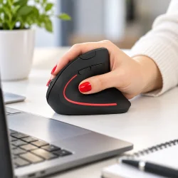 Ergonomisk vertikal mus i brug ved en b�rbar computer p� et skrivebord.