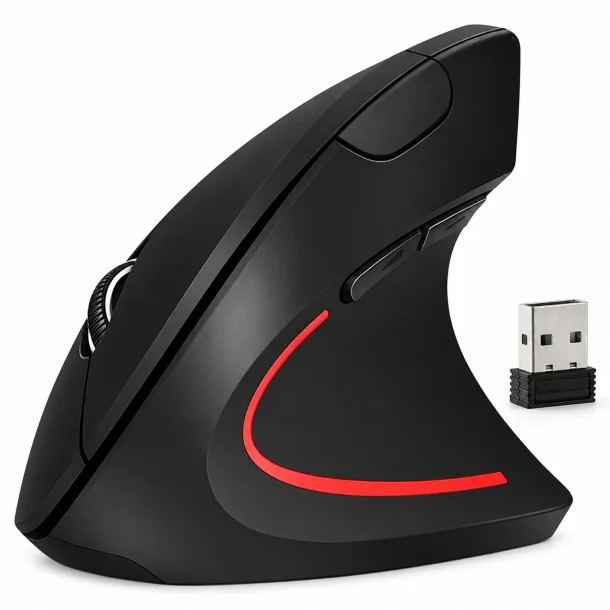 Sort ergonomisk vertikal mus med lodret greb, rullehjul og r�de detaljer.