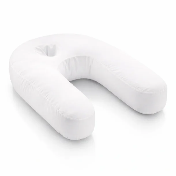 Ergonomisk U-formet kropspude p� hvid baggrund til bedre s�vn og st�tte af ryg, nakke og ben
