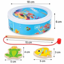 Fiskespil med m�l: boks 18 � 6 cm, fiskestang 15 cm samt tr�figurer p� cirka 5 cm.