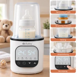 Flaskevarmer med visning af opvarmning af m�lk og babymad, opt�ning, dampsterilisering og betjening.