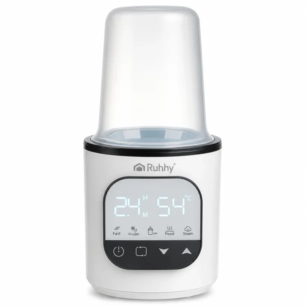 Flaskevarmer med sterilisator i hvid med digitalt touch-display og gennemsigtigt l�g.