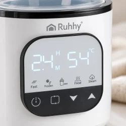 Digitalt touch-display p� RUHHY flaskevarmer med temperaturvisning og valg af funktioner.