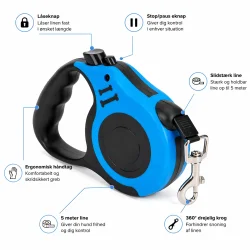 Flexline hund 5m med sikker bremse funktioner og bremsesystem