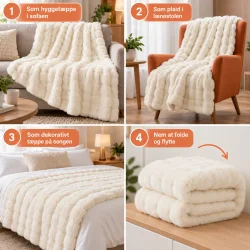 Hvidt fluffy t�ppe vist som hygget�ppe p� sofa og l�nestol samt som plaid p� seng.