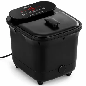 Sort fodbad med massage og varme, lukket l�g, touchpanel og transporthjul.