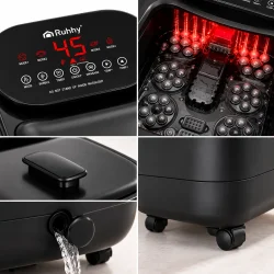 Detaljer af fodbadets touchpanel, indvendige massageruller, l�g og transporthjul.
