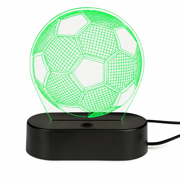 Fodbold lampe med 3D illusionseffekt og gr�nt LED-lys p� sort lampebase til b�rnev�relse