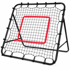 Fodbold rebounder med sort net, justerbar ramme og r�d m�lskive