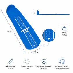 Infografik af fodm�ler med h�lst�tte, m�leskyder og skala til b�rn og voksne.