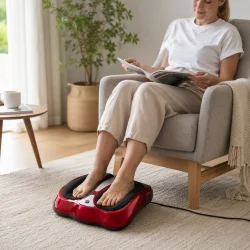 Elektrisk fodmassage i moderne stue med afslappende wellness oplevelse