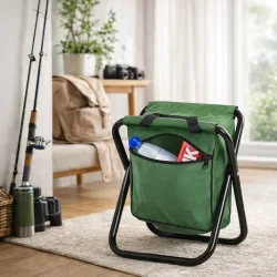 Foldbar fiskestol med opbevaringstaske i brug indend�rs milj�