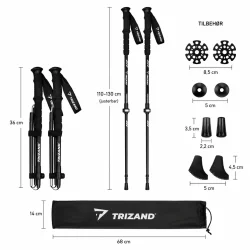 Dimensionsgrafik af foldbare vandrestokke fra Trizand med m�l, tilbeh�r og justerbar l�ngde
