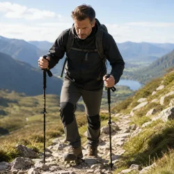 Foldbare vandrestokke fra Trizand i brug p� vandretur i bakket terr�n under hiking i naturen