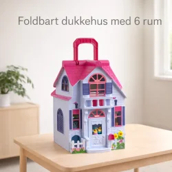 Foldbart dukkehus med m�bler lukket med h�ndtag p� toppen