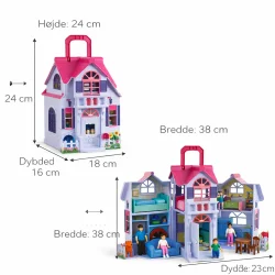 Foldbart dukkehus med m�bler �bnet med 6 rum og funktioner