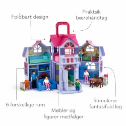 Foldbart dukkehus med m�bler �bnet med 6 rum og funktioner