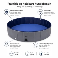 Foldbart hundebassin infografik med skridsikker bund, afl�bsventil, stabil konstruktion og 300 liters kapacitet