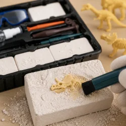 N�rbillede af dinosaur skelet der afd�kkes i fossilblok med pensel. Dinosaur udgravningss�t med fossiler, pal�ontologi og koncentrations�velser for b�rn.