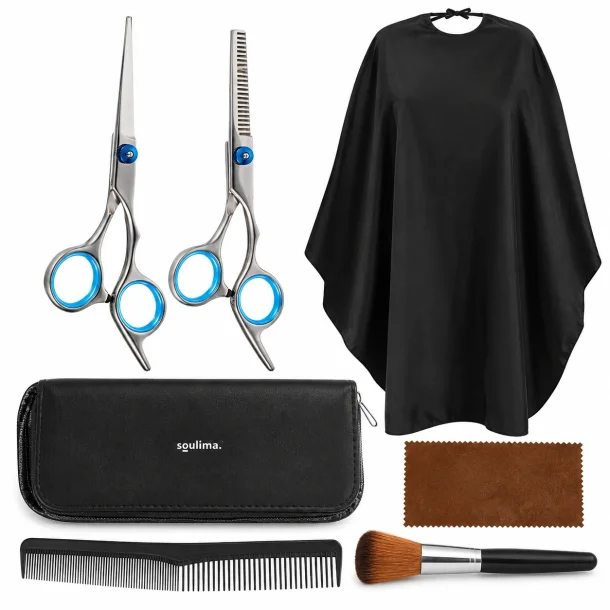 Fris�rs�t med klippesaks, udtyndingssaks, kam, b�rste, fris�rkappe og sort etui.