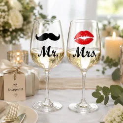 Gave til brudepar med to Mr & Mrs bryllupsglas p� romantisk bryllupsbord