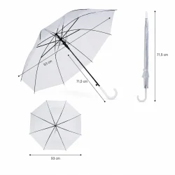 M�ltegning af gennemsigtig paraply med diameter 93 cm og l�ngde 71,5 cm i �ben og lukket tilstand.