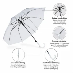 Infografik over gennemsigtig paraply med automatisk �bning, transparent PVC, robust 8-ribbet stel og ergonomisk buet h�ndtag.